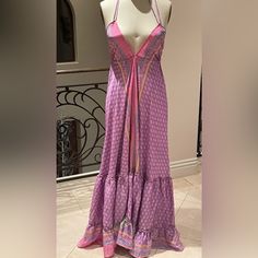 Beautiful Silk Summer Dress Open Back Purple Lined Beach Dress, Pink Fitted Boho Dress For Beach, Purple Maxi Sundress, Bohemian Purple Halter Neck Dress, Bohemian Halter Neck Purple Dress, Open Back Summer Dress, Tied Dress, Silk Summer Dress, Long Sundress