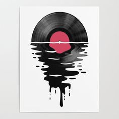 a black and white poster with an image of a vinyl record in the middle of water