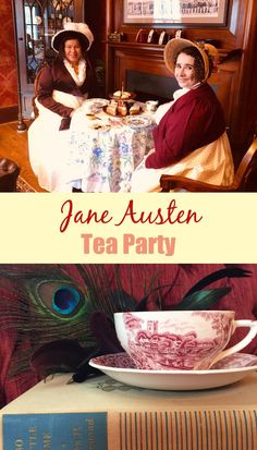 two women sitting at a table with tea cups and saucers in front of them