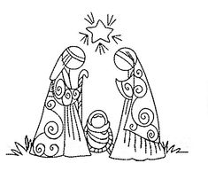 the nativity scene is outlined in black and white, with two people standing next to each other