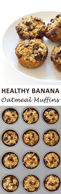 healthy banana oatmeal muffins in a muffin tin with text overlay