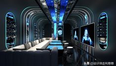 a room with couches, tables and televisions on the walls is lit by blue lights