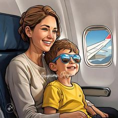 a woman sitting next to a boy on an airplane