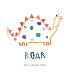 a watercolor drawing of a dinosaur with the word roar written in blue and red