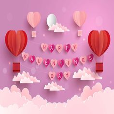 valentine's day card with hot air balloons floating in the sky