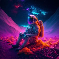 an astronaut sitting on the ground in front of a purple and blue sky with stars