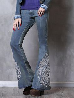 Vintage Fashion Denim Trousers Flare Pants Boho Floral Embroidery Denn – rrdeye Flare Pants Boho, Leopard Print Fashion, Denim Pants Fashion, Pants Boho, Embroidery Vintage, Elegant Maxi Dress, Slim Denim, Vintage Pants, Pant Style