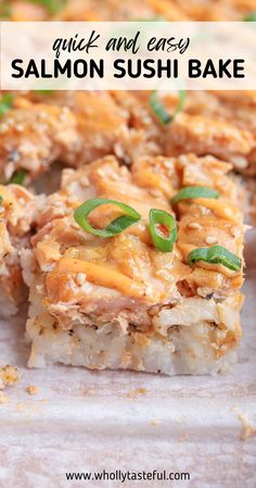 an image of salmon sushi bake with the title text overlay reads quick and easy salmon sushi bake