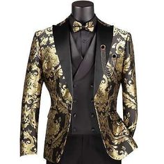 Mens Ballroom Suit, Black And Gold Suits For Men, Black And Gold Suit Men Prom, Black And Gold Suit Men, Gold Suit Men, Black White Gold Wedding Theme, Black And Gold Wedding Theme, Gold Tux, Black And Gold Suit