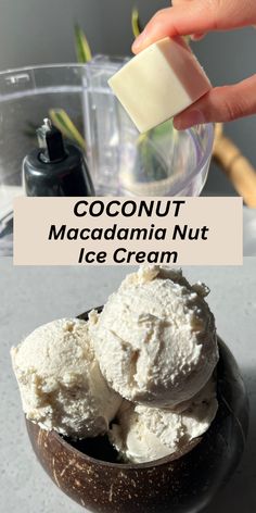 coconut macadamia nut ice cream in a wooden bowl with text overlay that reads, coconut macacami nut ice cream