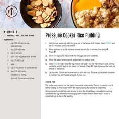 the recipe for pressure cooker rice pudding is shown in two bowls with orange slices and almonds