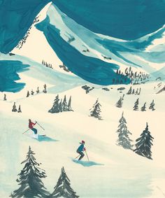 two skiers are skiing down a snowy hill with pine trees in the foreground