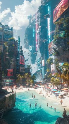 a futuristic city with people swimming in the water