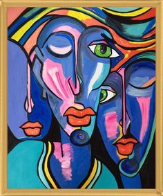 an abstract painting of three women with green eyes and red lips, one woman's face is partially obscured by the other