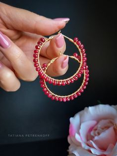 Genuine Ruby Gold Hoop earrings, Gemstone earrings for women, Gemstone Hoop earrings, Genuine Ruby Gemstone, Birthday gifts for her, Christmas gifts These charming, elegant and attractive gold /14K/ hoop earrings made of genuine 3 mm ruby.  Hoops size - 4 cm. Handmade Hoop Earrings For Celebration, Hoop Crystal Earrings For Gifts, Crystal Hoop Earrings Gift, Wire Wrapped Hoop Earrings For Party, Handmade Crystal Hoop Earrings For Gift, Wire Wrapped Round Jewelry For Parties, Handmade Round Earrings For Birthday, Wire Wrapped Jewelry For Parties, Anniversary Birthstone Hoop Earrings