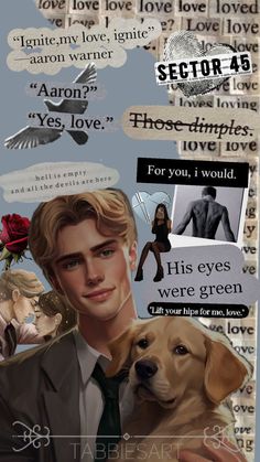 a collage of photos and words with a man in a suit holding a dog