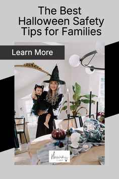 the best halloween safety tips for families with an image of a woman and child dressed as witches