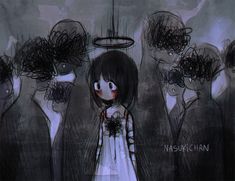 a drawing of a girl standing in front of other people with their faces obscured by hair