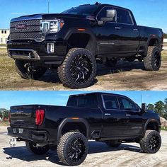 two pictures of the same truck in different positions, one is black and the other is white