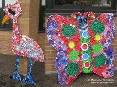 two sculptures made out of plastic bottle caps are shown in front of a brick building