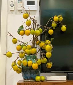 a vase filled with fruit sitting on top of a table next to a wall mounted air conditioner