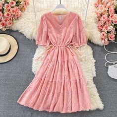 Fabric: LaceSize: (cm)free size, full length 103 bust 96 waist 92Please check the size carefully when you choose items.When you have any questions, please feel free to contact us, thank you. Pink Lace V-neck Maxi Dress, Pink Lace Maxi Dress With V-neck, Feminine V-neck Lace Midi Dress, Chic V-neck Midi Dress With Lace Patchwork, Feminine Lace V-neck Midi Dress, Feminine Lace Midi Dress With V-neck, V-neck Lace Patchwork Midi Dress, V-neck Lace Midi Dress With Lace Patchwork, V-neck Midi Dress With Lace Patchwork