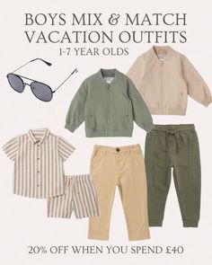 Mix and match these outfits for cooler spring days and warmer summer trips!

Boys fashion - neutral boys clothing - bomber jacket - chinos - smart casual holiday outfit - travel outfits - shirt and shorts / boys sunglasses - matalan boys - non tacky boys clothes - neutral boys clothing - affordable kids wear 

Follow my shop @MumInTheCity on the @shop.LTK app to shop this post and get my exclusive app-only content!

#liketkit #LTKkids #LTKfindsunder50 #LTKsalealert
@shop.ltk
https://liketk.it/4yNm5 Kids Casual Wear, Casual Holiday Outfits, Boys Sunglasses, Tan Chinos, Outfit Travel, Travel Outfits, Holiday Outfit