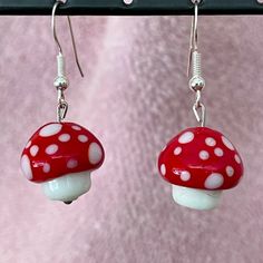 Cute Glass Mushrooms On 925 Sterling Silver Wires. Handmade. Red Mushroom Design Earrings Gift, Unique White Mushroom Design Jewelry, Unique White Jewelry With Mushroom Design, Red Mushroom Design Jewelry Gift, Whimsical White Mushroom Design Earrings, White Dangle Earrings With Mushroom Design, White Mushroom Design Earrings As Gift, White Mushroom Design Earrings For Gift, White Mushroom-shaped Jewelry With Mushroom Design