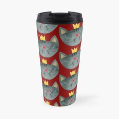 a gray cat with a crown on it's head and red background travel mug