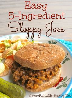 an easy 5 ingredient sloppy joes sandwich on a plate with pickles and chips