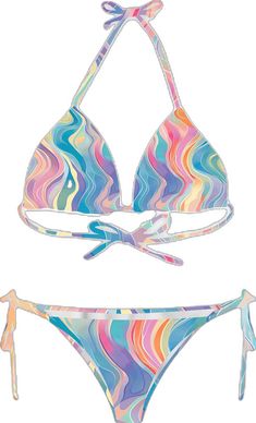 Rainbow Swimwear For Beach, Rainbow Swimwear For The Beach, Rainbow Swimwear For Beach Vacation, Rainbow Swimwear For Beach Season Vacation, Multicolor Tie-side Swimwear For Beach Party, Multicolor Tie-side Tankini For Pool, Multicolor Tie-side Bottom Tankini For Pool, Vibrant Triangle Top Swimwear For Vacation, Summer Rainbow Swimwear For Vacation