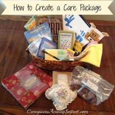 a basket filled with lots of items on top of a wooden table