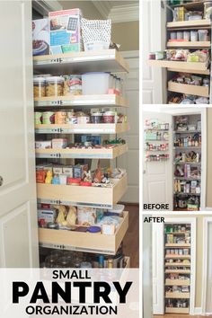 an organized pantry is shown with the words small pantry organization on it's side