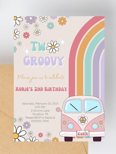 a birthday card with an image of a vw camper van in front of a rainbow