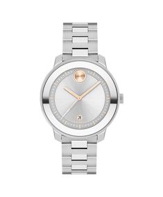 Movado Bold Verso, 38 Mm Stainless Steel Case And Bracelet With Silver-Toned Dial. Features Pale Rose Gold Accents, Date Window Detailing, And Minute Track. | Movado | Bold Verso Stainless Steel Bracelet 38mm Watch With Rose Gold Accents in Silver/Rose Movado Bracelet, Movado Womens Watch, Rose Watch, Movado Bold, Movado Watch, Rose Gold Accents, Stainless Steel Band, Women's Watch, Metal Bracelets