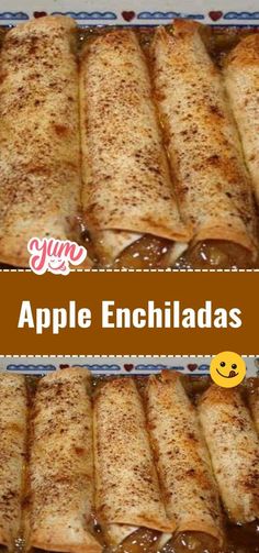 apple enchiladas are stacked on top of each other with caramel sauce