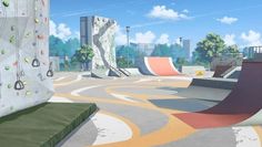 an artist's rendering of a skate park with climbing walls