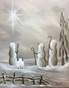 a painting of three snowmen standing in the snow with a star above them,