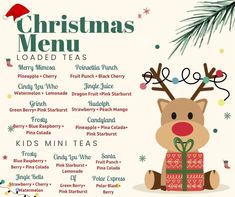 a christmas menu with a reindeer holding a present