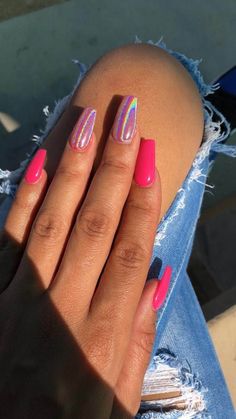 Holographic Nail Designs, Holographic Glitter Nails, Pink Nail Colors, Manicure Tips, Pink Nail, Pink Acrylic Nails, Holographic Nails, Coffin Nails Designs, Pretty Acrylic Nails