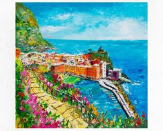 an oil painting of a colorful town by the ocean with flowers growing on the hillside