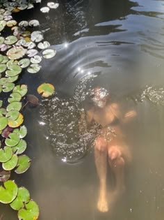 a man is swimming in the water with lily pads