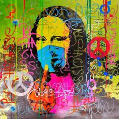 an abstract painting of a man's face with multicolored graffiti on it