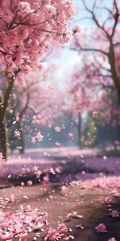 pink flowers are falling from the trees in this beautiful park scene with petals on the ground