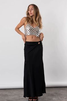 CALIstyle Sea Breeze Satin Midi Skirt In Black | Shop Resurrection Long Skirt With Side Slits For Night Out, Stretch Skirt With Side Slits For Night Out, Chic Party Maxi Skirt With Split Design, Chic Party Maxi Skirt With Side Slits, Party Skirt With Side Slits And Long Length, Stretch Maxi Skirt With Side Slits For Night Out, Party Skirt With Side Slits And Long Shape, Party Long Skirt With Side Slits, Chic Split Maxi Skirt For Night Out