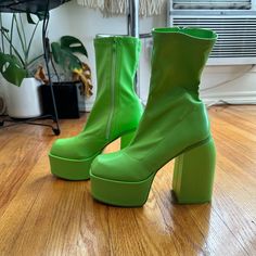 Bright Green Disco Boots, Size Uk5 Us7.5/8 Fit Large Disco Platform Heel Boot. Brand New Out Of The Box,, Original Box Not Included. Spring Fitted Platform Boots With Round Toe, Fitted Round Toe Platform Boots For Spring, Trendy Green Ankle Boots, Trendy Green High Ankle Heeled Boots, Green Platform Heels For Fall, Casual Fitted Platform Boots With Closed Toe, Casual Fitted Closed Toe Platform Boots, Trendy Green High Heel Platform Boots, Green High Ankle Platform Boots For Winter