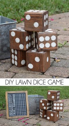 wooden dices with white dots are stacked on top of each other and the words diy lawn dice game