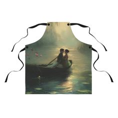 an apron with two people in a boat on the water