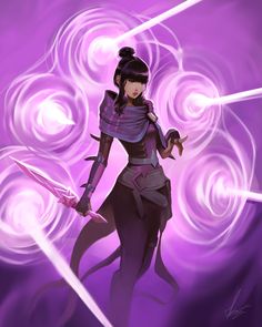 an anime character holding two swords in her right hand and looking at the camera while standing on a purple background