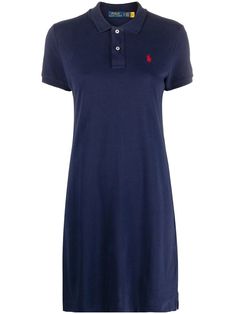 navy blue cotton signature Polo Pony motif polo collar short sleeves straight hem above-knee length Fitted Navy Polo Shirt For Summer, Classic Knee-length Polo Dress For Work, Elegant Short Sleeve Polo Shirt For Workwear, Elegant Summer Polo Shirt For Workwear, Classic Polo Dress With Collared Neckline For Workwear, Classic Cotton Knee-length Shirt Dress, Classic Knee-length Cotton Shirt Dress, Classic Blue Shirt Dress For Summer, Classic Fitted Polo Dress